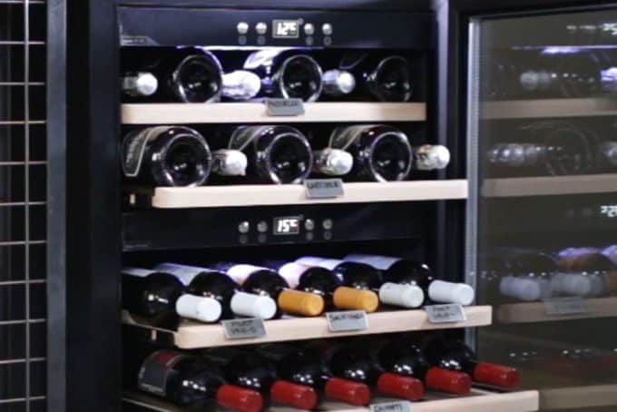 Wooden Wine Cooler 46-62 bottles, single zone, with storage racks for hanging wine glasses