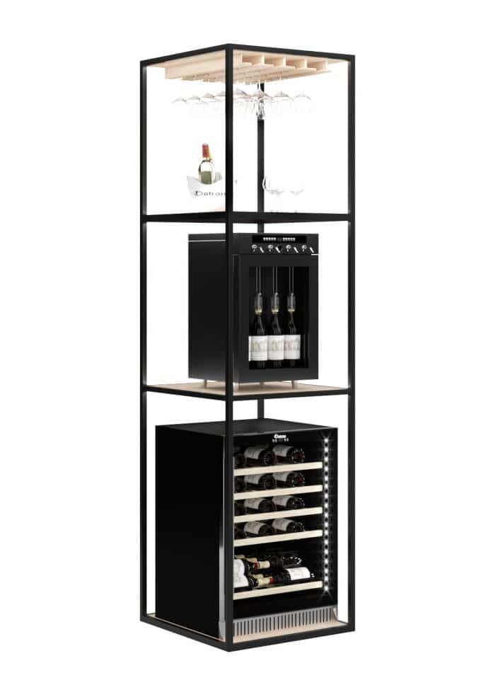 Custom shelving unit for large Wine Coolers with storage racks for hanging wine glasses