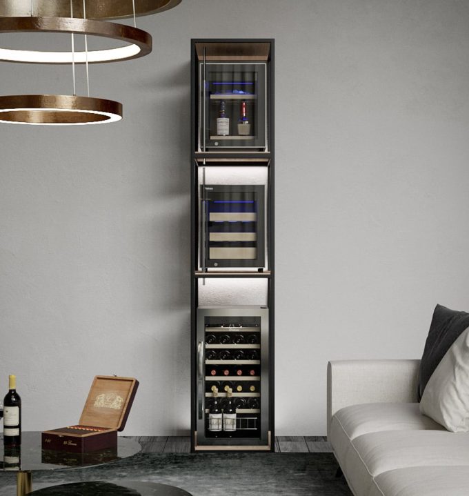 Custom shelving unit for large Wine Coolers with storage racks for hanging wine glasses